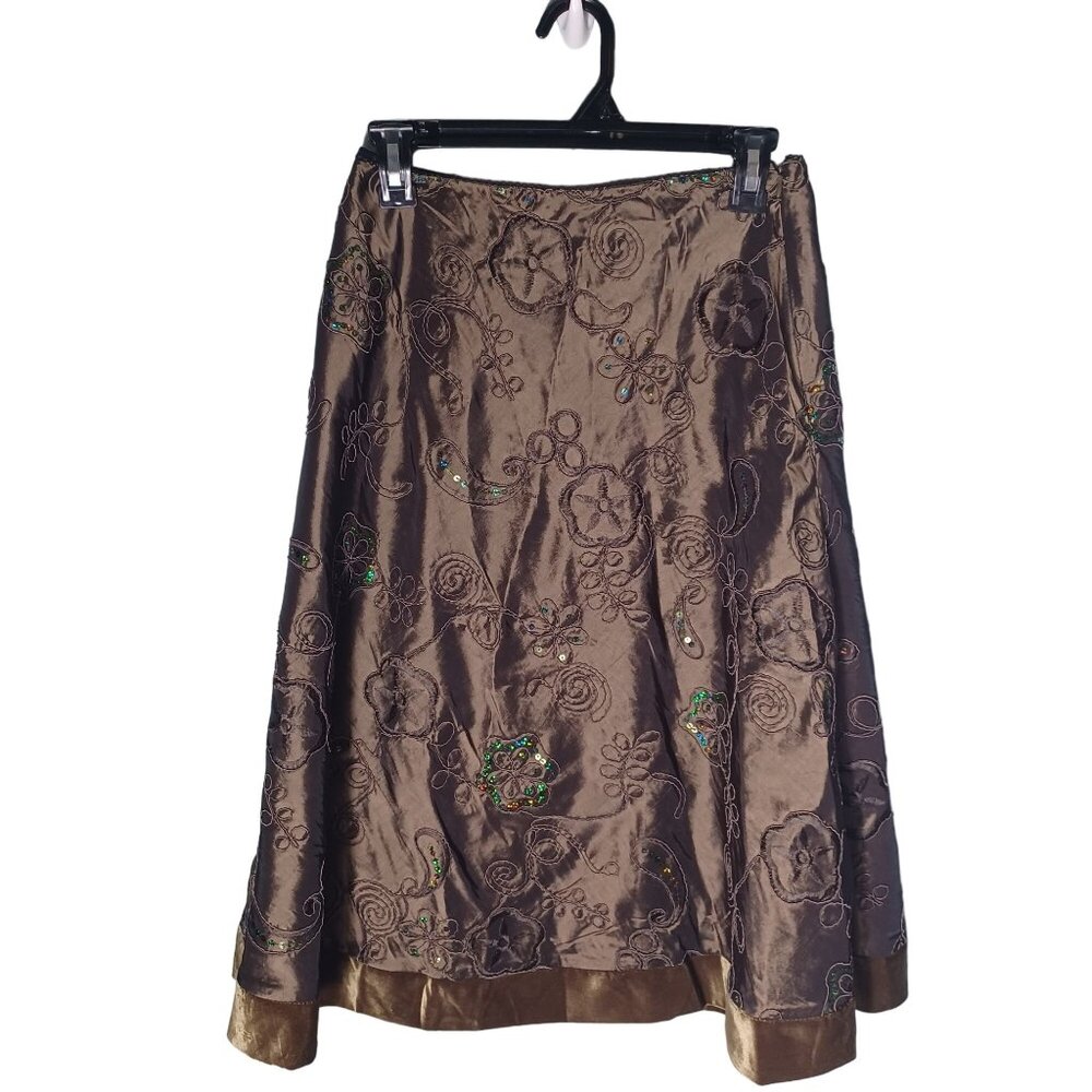 MSK Midi Skirt Womens Small Green Fairycore Grunge Embroidered Mixed Media Satin